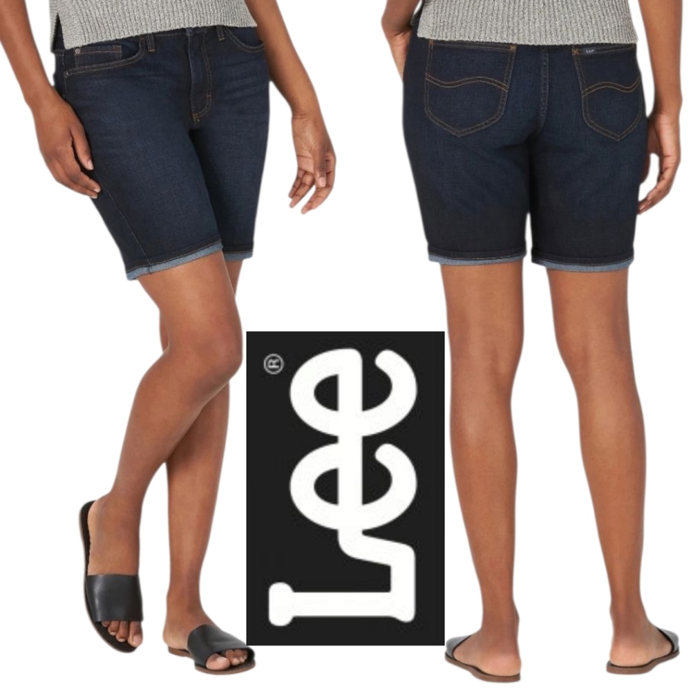 LEE Women's Regular Fit Denim Bermuda Shorts Washed Blue Mid-Rise 5-Pocket Sz 16